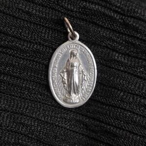 Vintage Miraculous Medal Virgin Mary Pendant Silver Tone Catholic Oval Charm